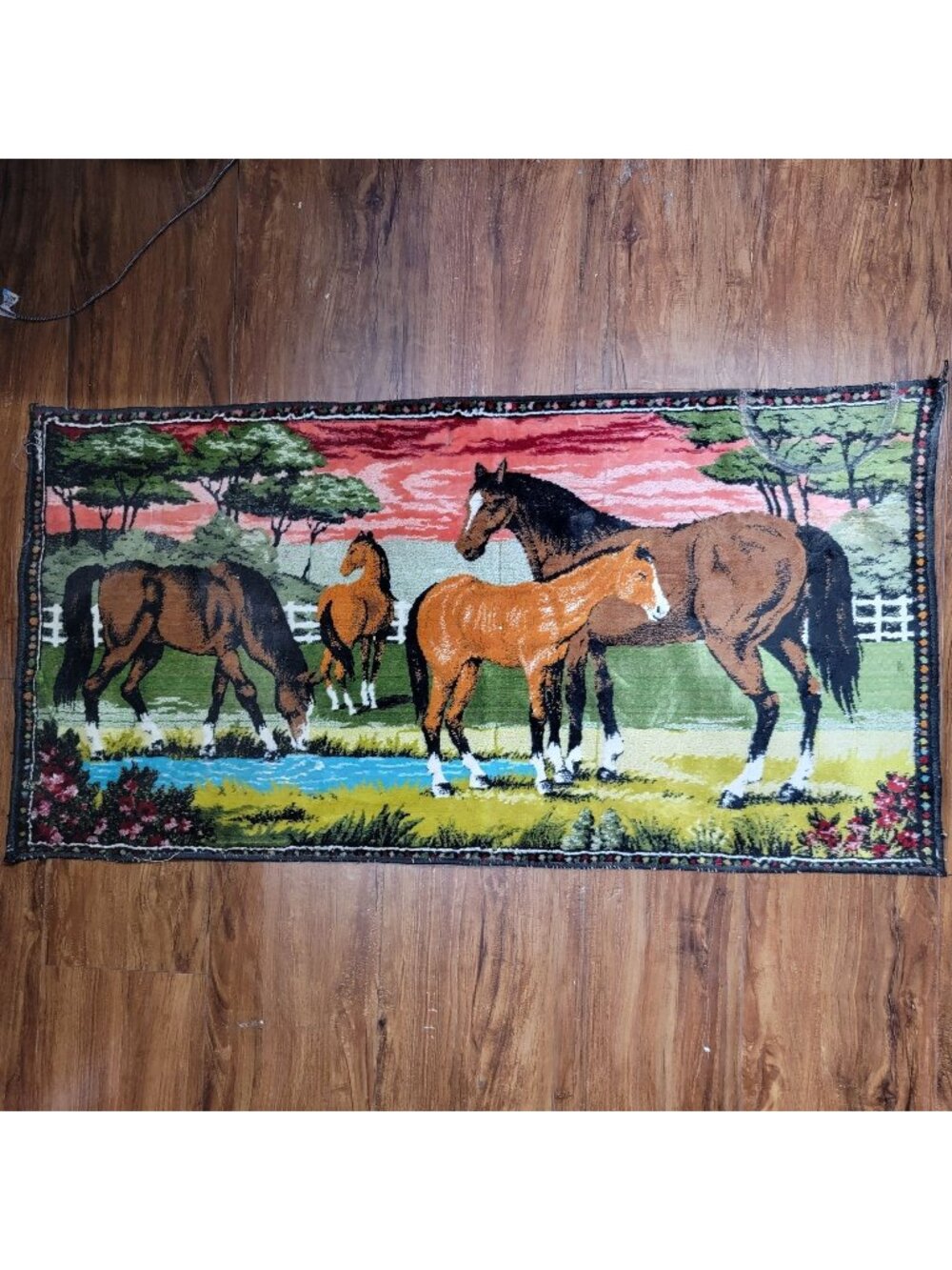 Vintage Horses Velvet Tapestry Wall Art With Grazing Scene